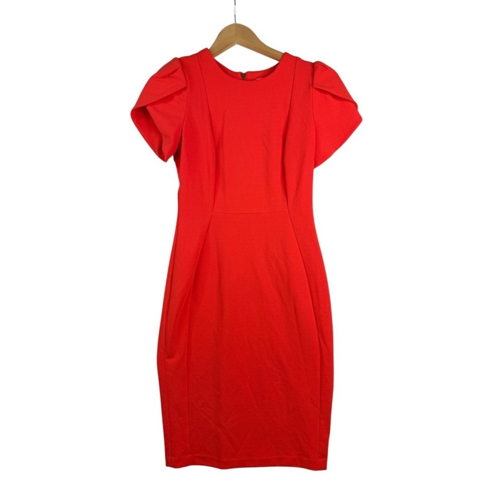 Calvin Klein Short Sleeve Tulip Sleeve Sheath Dress Size 2 Vibrant Red Womens